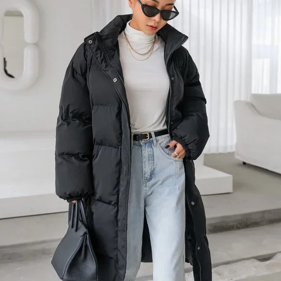 Black Casual Womens Drop Shoulder Slant Pockets Puffer Coat - Picture 6 of 6